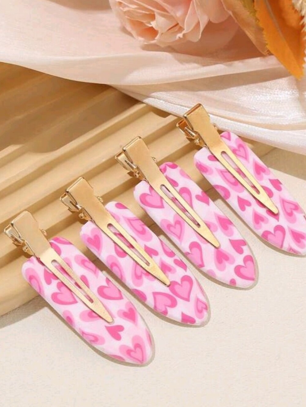 Pink Heart Print Gold-Clip Hair Barrettes (Set of 4)